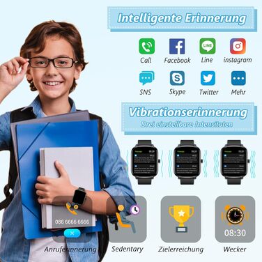 Смарт-годинник KALINCO для дітей та чоловіків, 1.69” з моніторингом серцевого ритму, сну, крокоміра та сповіщеннями про дзвінки/повідомлення. Чорний