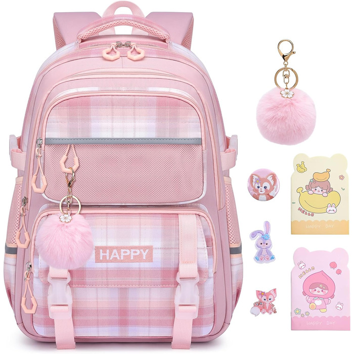 Шкільний рюкзак для дівчаток з візерунком, дихаючий та водовідштовхуючий рюкзак для 1-5 класів, Рожевий-01