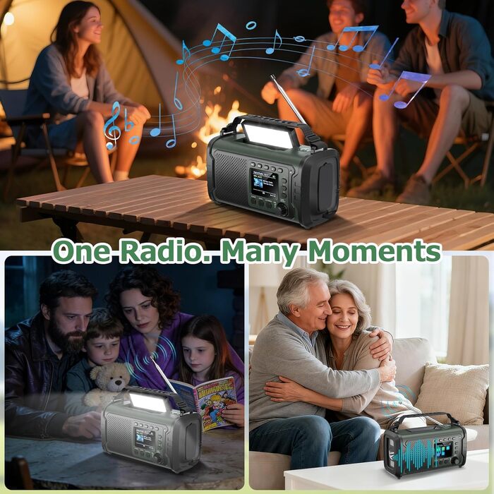 Радіостанція невідкладної допомоги 27000mAh з ручним заводом, сонячною панеллю, USB-зарядкою, Bluetooth 5.3, функцією Powerbank, SOS-сигналом, ліхтарем, лампою для читання, компасом, слотом для TF-карти та міцним Outdoor-дизайном, армійного кольору