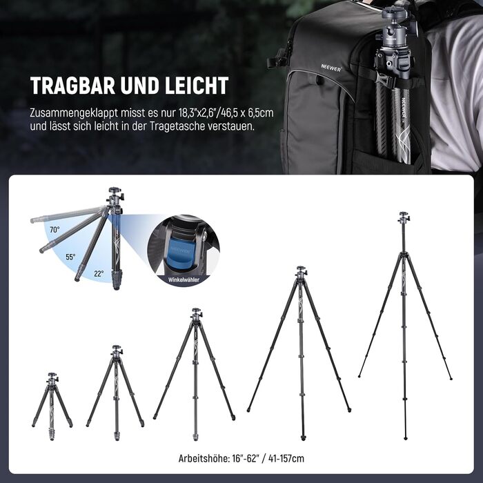 Карбоновий штатив NEEWER LITETRIP LT34 з панорамною головкою 360°, центральною колоною та швидким замком, сумісність з Peak Design Capture V3, макс. навантаження 10 кг