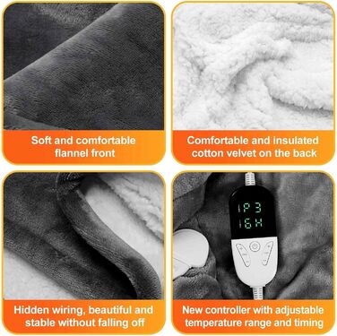 Електрична грілка з таймером 160x130 см | 6 температурних режимів, пульт керування, прання до 40°C, сірий колір