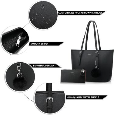 Сумка жіноча TANTOMI з гаманцем: для офісу, школи, покупок, велика, чорна, з пензликом та помпоном з штучного хутра