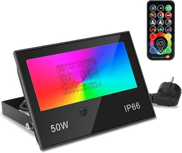 LED Floodlights, RGB LED Floodlights Outdoor 50W Spotlight with Remote Control, LED Outdoor Lights IP66 Waterproof, 120 Colors, Timer, Dimmable, Custom Modes, LED Floodlight Spotlight Wall Light