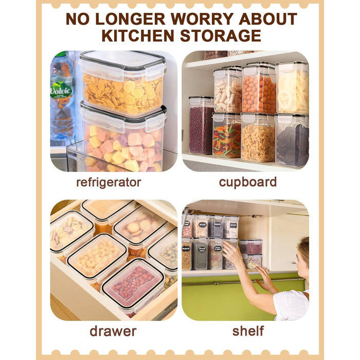 Набір контейнерів для зберігання Heucheey 24 шт. з кришкою, набір для кухні з пластику, з наклейками, пензлем та ложкою, контейнери для зберігання круп, борошна, макаронів, BPA-free