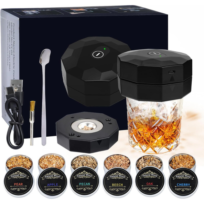 Електричний набір для копчення коктейлів з 6 видами дерев'яної стружки, перезаряджуваний інфузор для віскі, подарунок для любителів коктейлів, чоловіків, батька, чоловіка