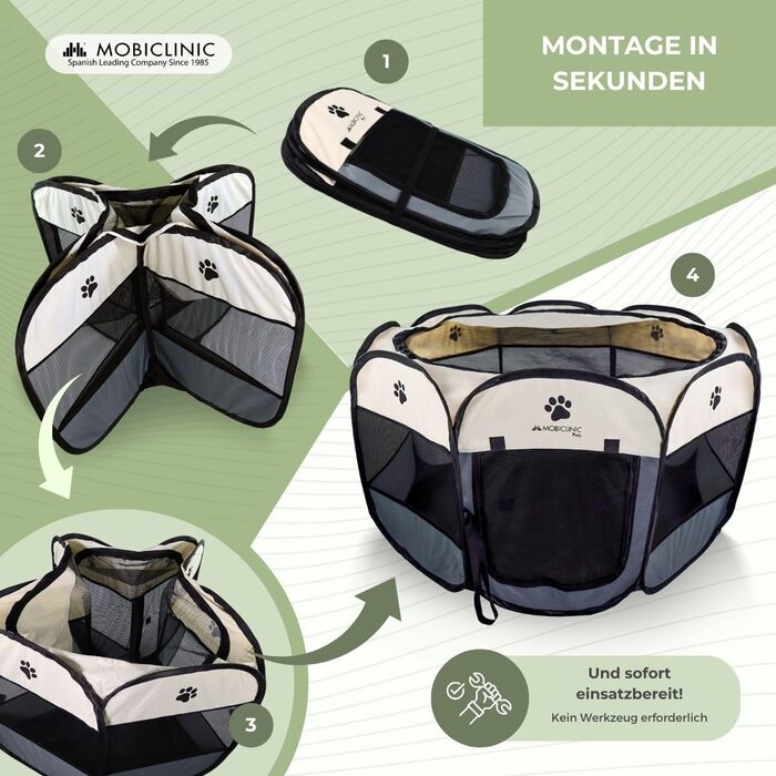 Mobiclinic® Pets: Вольєр для цуценят, розкладний, 114x114x58 см, Scooby, 2 входи, 8 вікон, сірий