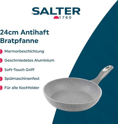 Сковорода-гриль Salter BW02773G 28 см, мармурове антипригарне покриття, без ПФОА, універсальна для індукції та духовки, алюміній, сіра, посудомийна машина, 24 см сковорода для смаження