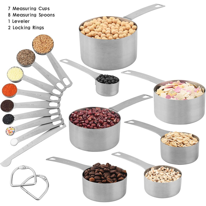 IFFMYJB Stainless Steel Measuring Cups and Spoons 16 Piece, 7 Measuring Cups & 8 Measuring Spoons with Leveler, Kitchen Premium Stackable Measuring Cups and Spoons Set, Easy to Store and Keep