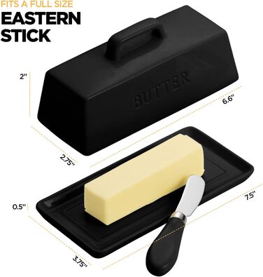 Ceramic Butter Dish Set with Lid and Knife – Black – Decorative Butter Crock Holder for 1 Butter – Microwave Safe, Dishwasher Safe – Includes Scratch-Free Stickers