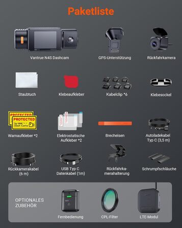 Автомобільний відеореєстратор VANTRUE N4S 3-канальний (2.7K+2.5K+1440P), STARVIS 2 HDR, нічна зйомка, 5GHz Wi-Fi, GPS, 24г паркування, G-сенсор, підтримка 1ТБ, для авто