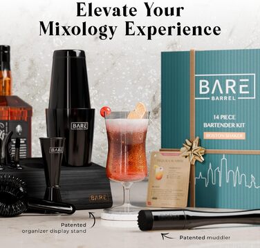 Bare Barrel Pro Cocktail Set - 14 Piece Boston Shaker Set with Stand & Recipe Cards (Jet Black) 0.8L
