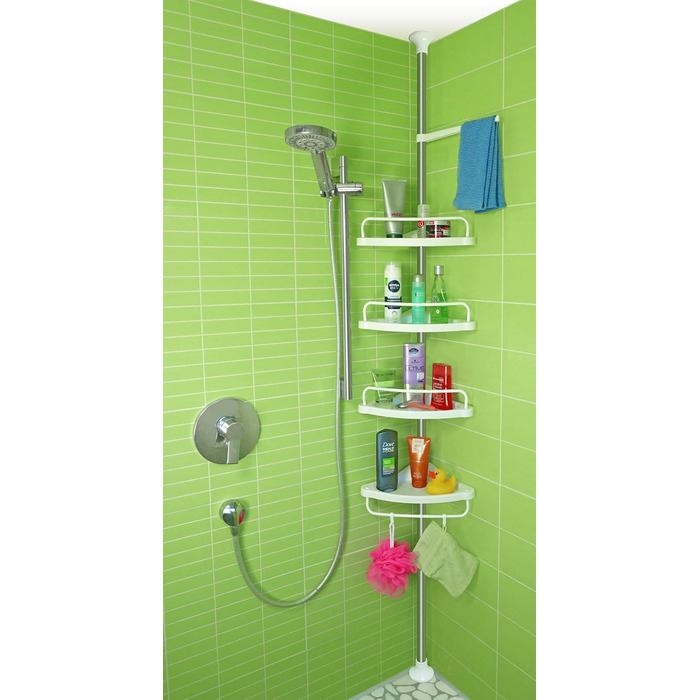 stardis Telescopic Corner Shelf, Stainless Steel, Rust-Proof with 4 Shelves, Shower Shelf, Telescopic Shelf for Shower, Bathroom, Shower Shelf, Height Adjustable from 120-300 cm, White