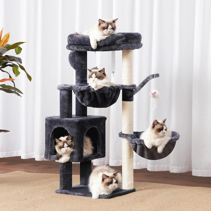 Кігтеточка-кімнатний комплекс Heybly Kratzbaum 100см з платформою, гротою, 2 гамаками та іграшками. Колір: сірий. Модель: HCT006SG