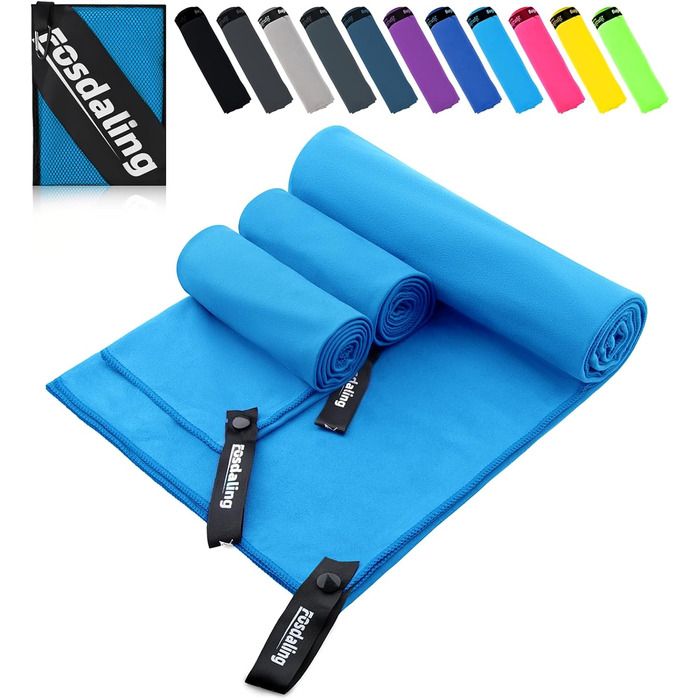 Набір з 3 рушників з мікрофібри: великий 180x90 см та 2 маленькі 80x40 см. Швидковисихаючі рушники з мікрофібри для спорту, подорожей, басейну та пляжу (небесно-блакитний)