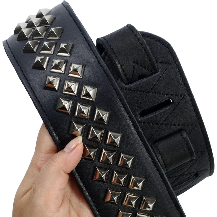 Гітарний ремінь Nefelibata з повном'якої шкіри, з м'якою підкладкою, з срібними заклепками, для електро-, акустичної та бас-гітари (2,5' шириною, карбоновий чорний) (Квадратні діаманти)