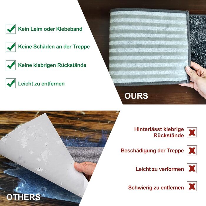 BEQHAUSE Килимки на сходи нековзні, 15 шт., машинне прання, самоклеючі, для дітей, літніх людей та домашніх тварин, 100% поліестер, TPE-підкладка, 22x70 см, темно-сірий, 15 шт.
