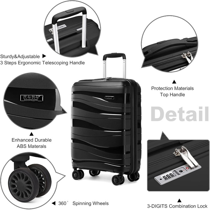Чемодан-валіза KONO 55 см: легкий, з TSA замком та 4 колесами (чорний)
