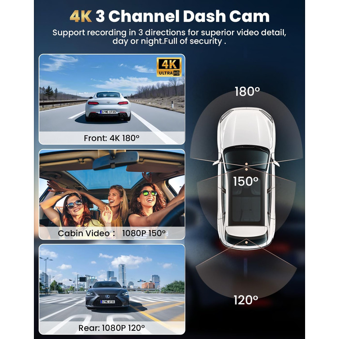 3-канальний 4K відеореєстратор для авто з камерою заднього виду, Wi-Fi, G-сенсором та нічною зйомкою, 4K+1080P+1080P, 64GB SD-карта в комплекті