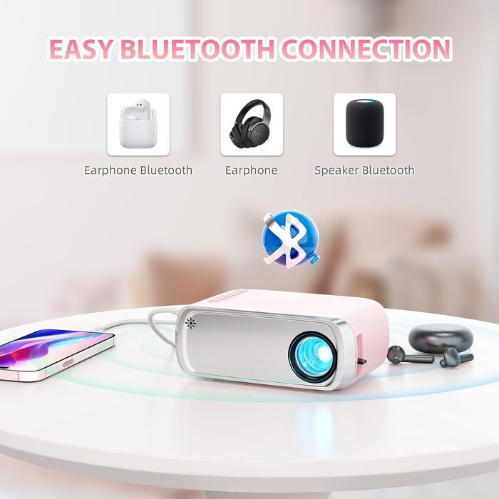 Портативний проєктор KSBABY Outdoor LED, міні проєктор для перегляду фільмів на вулиці, сумісний з HDMI, USB, ноутбуком, TV Stick, iOS та Android. Рожевий.