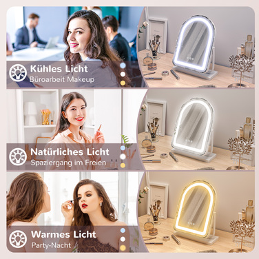 Дзеркало для макіяжу HOMCOM, 33 x 44,5 см, з LED-підсвіткою, 3 кольори світла, 360° обертання, дзеркало для макіяжу з сенсорним керуванням, металевий каркас, біле | Aosom