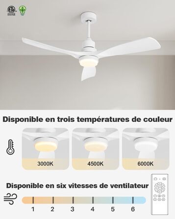 Стеляний вентилятор з підсвіткою та пультом дистанційного керування, тихий DC мотор, 132 см/52 дюйми, 3 дерев'яних лопаті, таймер, 6 швидкостей, сертифікований ETL, режим літо/зима для спальні (132см/52 дюйми, Білий)