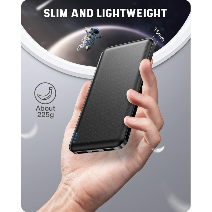 Портативний зарядний акумулятор Power Bank 10000mAh, ультратонкий, з USB-C, 2 USB виходи, сумісний з iPhone, iPad, Samsung, AirPods