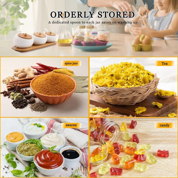 Набір керамічних баночок для спецій, 3 шт. з бамбуковими кришками, ложками та підставкою. Об'єм 170 мл. Підходять для кави, цукру, солі та спецій.