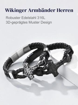 Чоловічий шкіряний браслет Bandmax Mjölnir/Totenkopf/Freimaurerei з гравіюванням, магнітна застібка, 23 см