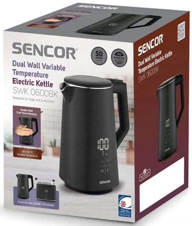 Електричний чайник Sencor SWK0600, 2200 Вт, 1.7 л, з регулюванням температури, чорний