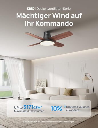 Стеляний вентилятор Dreo з підсвічуванням та пультом керування, 112 см (44 дюйми), плоский, чорний, реверсивний, 5 лопатей, 6 рівнів регулювання яскравості, 6 швидкостей, тихий, з таймером, легка установка для спальні