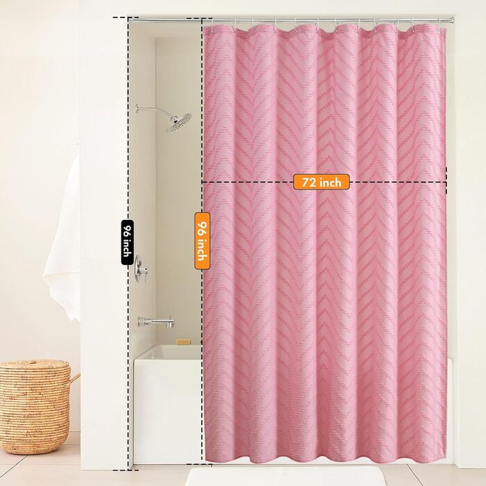 Завіса для душу, довга, сучасний стиль фермерського дому, богемний шик, туфтована, у вигляді шашечки, структурована, смугаста, мінімалістична, тканинна, мила, рожева, H243.8 x B182.9 см (упаковка 1)