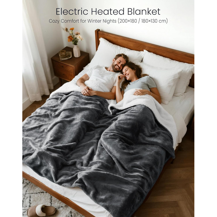 Електрична ковдра AnySun з підігрівом 180x130 см з автовимкненням, 6 режимів нагріву, таймер 10 годин, захист від перегріву, для ліжка, дивану, машинне прання, сіра