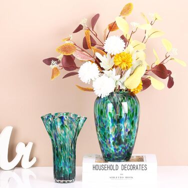 Скляна ваза блакитно-зеленого кольору 22,9 см, ручної роботи, сучасний дизайн, широке горло, для квітів та декору, ідеальна для вітальні, кухні, весілля, офісу