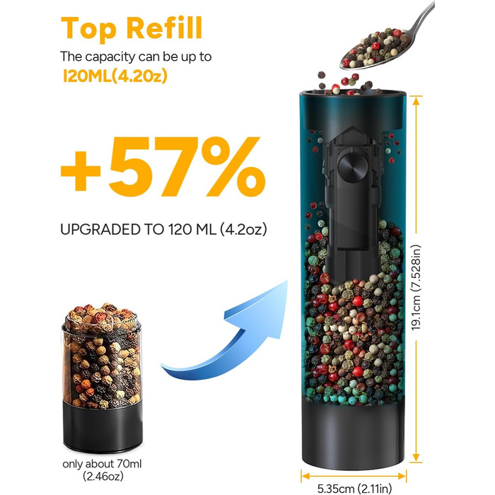 Електричні соляні та перечні млини, верхнє завантаження, 5-рівневе регулювання помелу, об'єм 120мл, набір 2 шт. з підсвічуванням LED