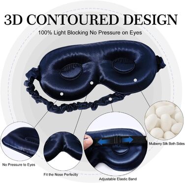 Маска для сну ZIMASILK з регулюванням, 22 Momme, 100% шовк марука, 3D-форма, супер м'яка та дихаюча, блокує світло, темно-синя