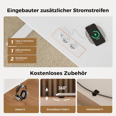 Електричний регульований стіл Agilestic 140x60 см з LED-підсвіткою, USB-портом та мобільним тримачем монітора, білий