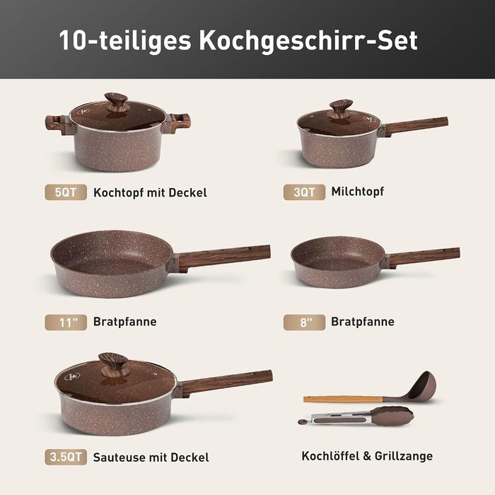 Набір каструль Kitchen Academy з антипригарним покриттям для індукційних плит зі скляними кришками, коричневий, 10 предметів