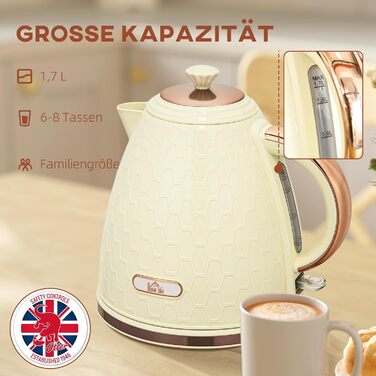 Електричний чайник HOMCOM з нержавіючої сталі, 1.7 л, 360° обертання, фільтр від накипу, захист від сухого кипіння, автоматичне відключення, BPA Free, 2200 Вт, бежевий