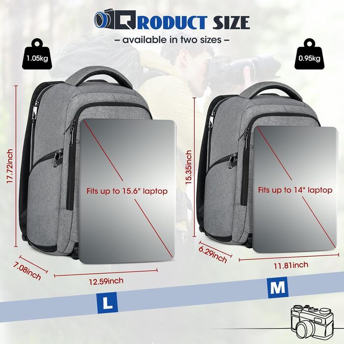 Рюкзак для фотокамери RAINSMORE з відділенням для ноутбука 14 дюймів, сірий. Підходить для Canon, Nikon, Sony (DSLR, SLR)