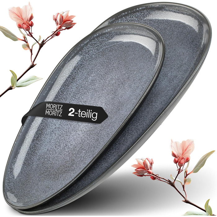 Набір сервіровочних тарілок Moritz & Moritz VIDA, блакитний (2 шт.) - великі тарілки з якісного порцеляну, сучасний дизайн, підходить для мікрохвильової печі та посудомийної машини, ідеально для салатів, м'яса на грилі, закусок та іншого