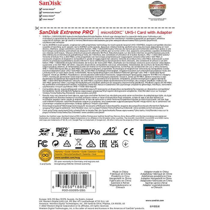 Карта пам'яті SanDisk Extreme PRO microSDXC UHS-I 128 GB з адаптером та RescuePRO Deluxe (A2, Class 10, V30, U3, до 200 МБ/с) для смартфонів, екшн-камер та дронів, чорна