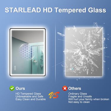 Дзеркало для ванної кімнати зі світлодіодним підсвічуванням STARLEAD 80x60 см, Bluetooth, протитуманне, регульоване, 3 кольори світла, HD скло, IP44, горизонтальне/вертикальне