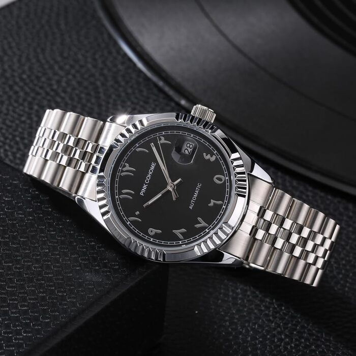 Чоловічий годинник з автоматичним механізмом, сталевий корпус, арабські цифри, 38 мм, з датою, водостійкий, чорний