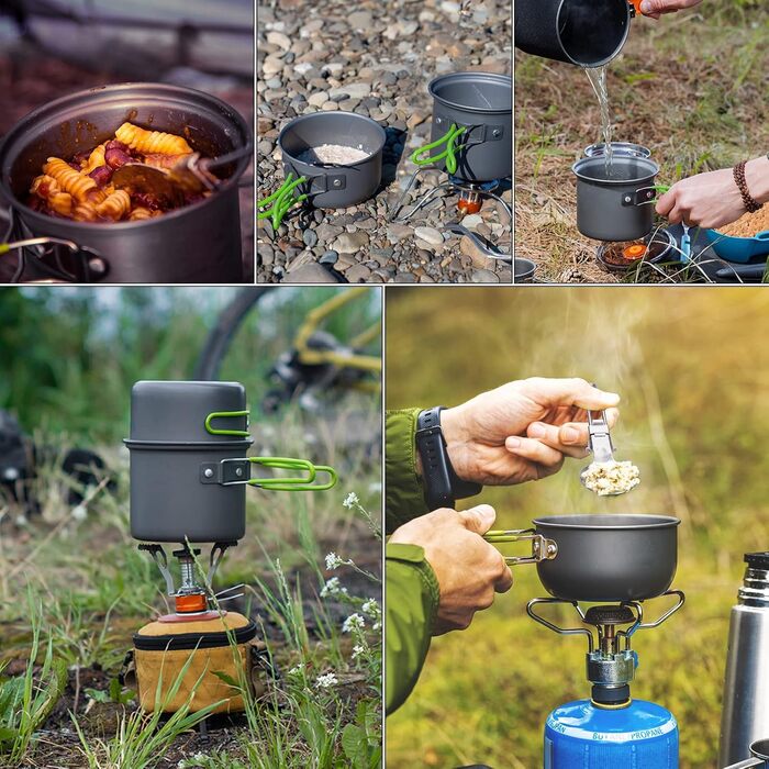 Набір кухонного посуду ERBO для кемпінгу: 2 комплекти, алюміній, складається, для пікніків, походів, риболовлі (зелений, помаранчевий)