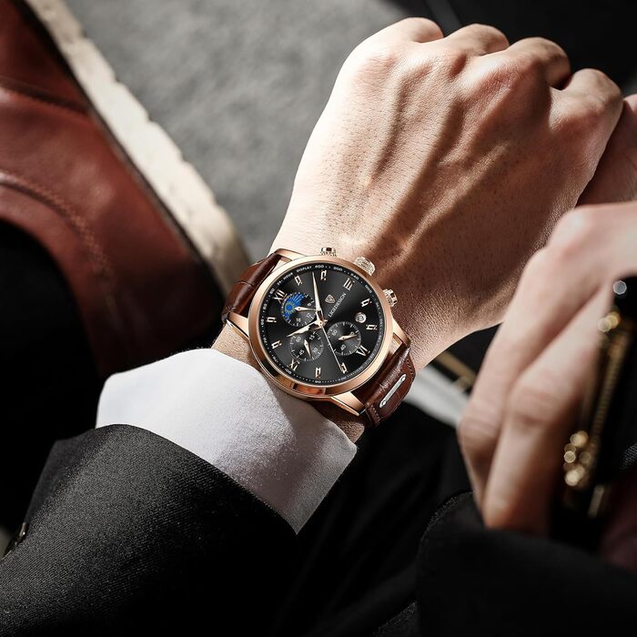 Годинник LIGE чоловічий, Хронограф, Аналоговий кварц, Ремінець зі шкіри, Календар, Світлодіодна підсвітка, Водостійкий 3ATM, Годинник для чоловіків, Бізнес, Відпочинок (Коричневий/Чорний)