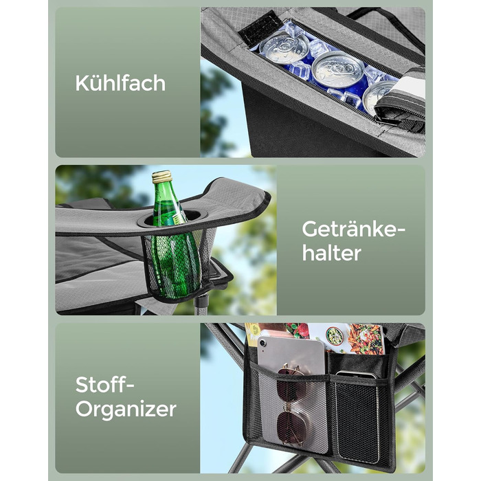 Крісло туристичне SONGMICS з підсклянником, складне, до 205 кг, сіре (шалений камінь)