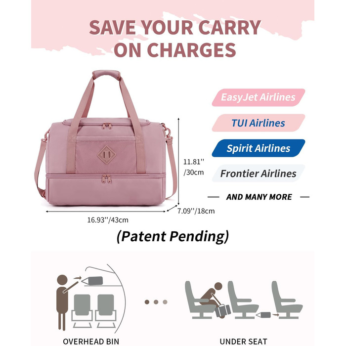 Спортивна сумка WANDF для ручної поклажі в літак (45x36x20 см) з відділенням для взуття та мокрих речей, рожева
