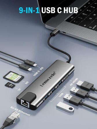 Lemorele Док-станція USB C хаб 9-в-1 з Ethernet: 2xHDMI 4K, 3xUSB 3.0/2.0, VGA, PD 100W, SD/TF, для Windows, MacBook, Dell, HP, Lenovo, Surface