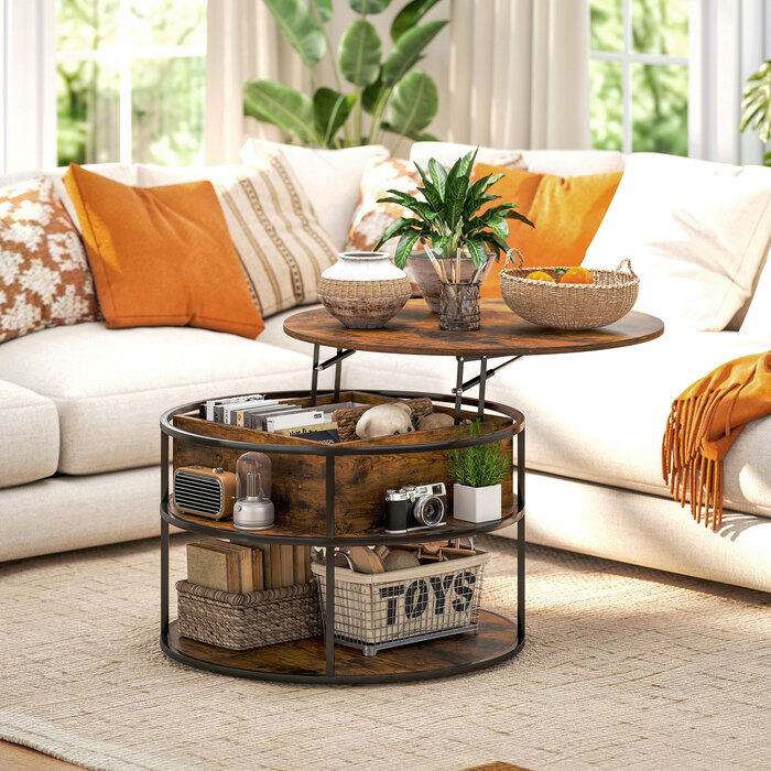 HOMCOM Adjustable Height Round Coffee Table Ø80 cm Living Room Table with Storage Shelf and Hidden Storage Space, Coffee Table Side Table for Living Room, Brown | Aosom