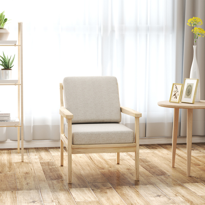 HOMCOM Armchair Lounge Chair with Linen Look, Armrests, Padded Recliner with Wooden Legs, Removable Cushions, Upholstered Chair for Bedroom, Living Room, Beige | Aosom